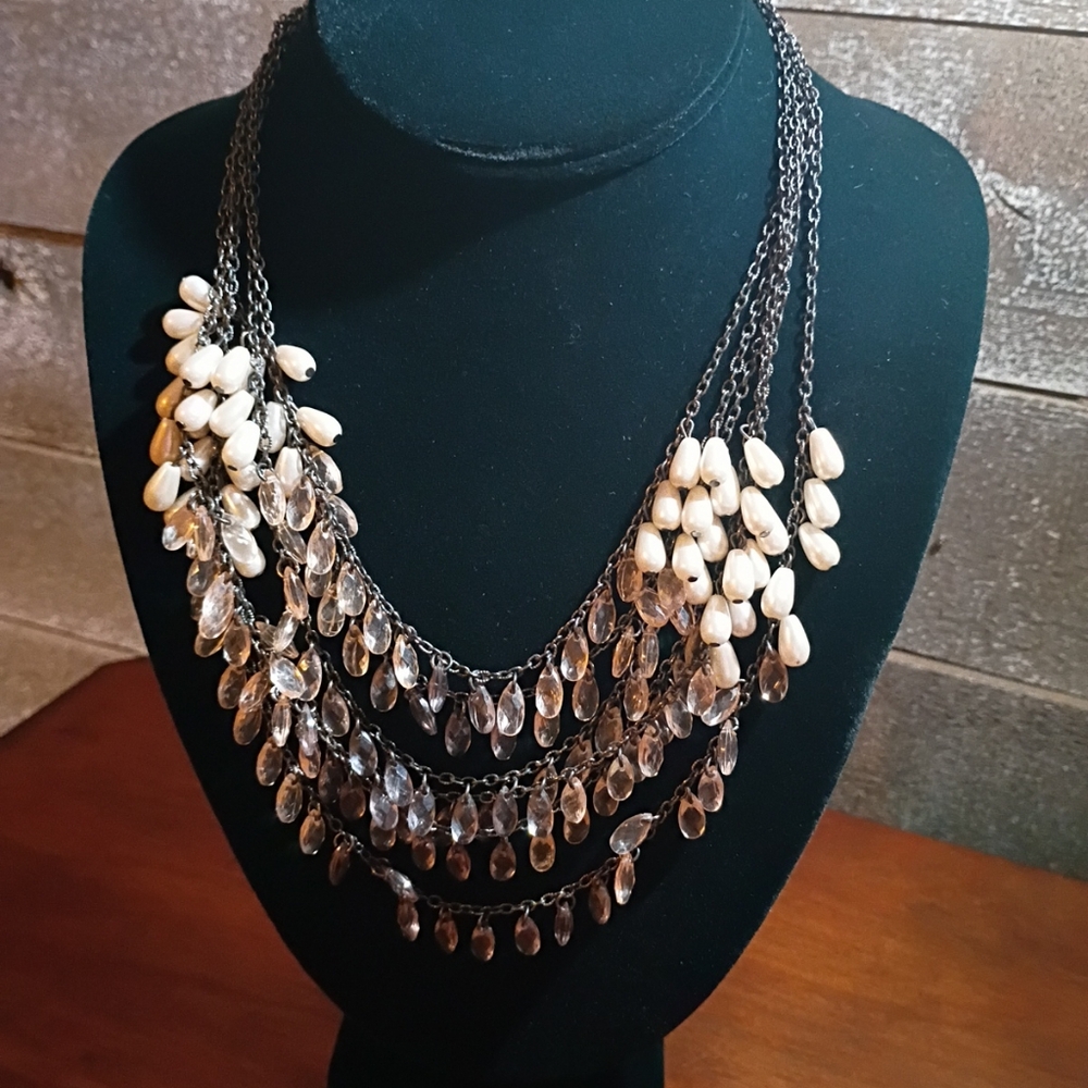 Vintage Chain Glass Beads And Faux Pearls Six Strand.